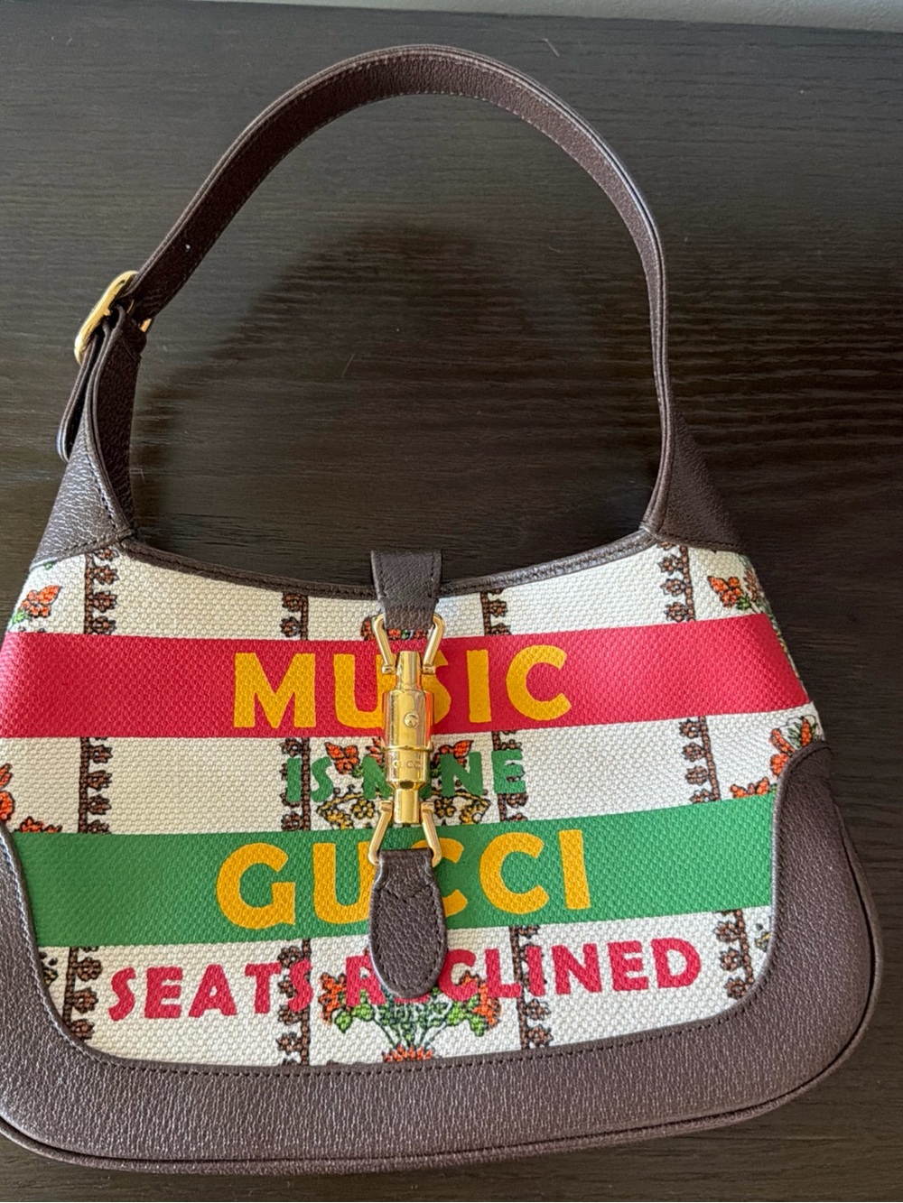 Gucci Brown Leather-Trimmed Shoulder Bag with Red and Green Stripes